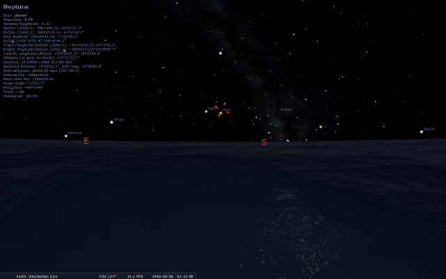 Stellarium screenshot showing the visibility of all the planets in 2492